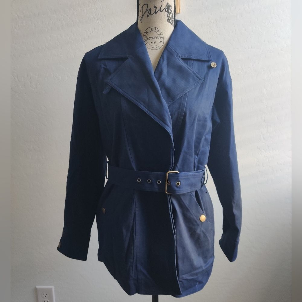 NWT Indigo Sea Navy Blue Cotton double breasted waist length fall trenchcoat_Sma